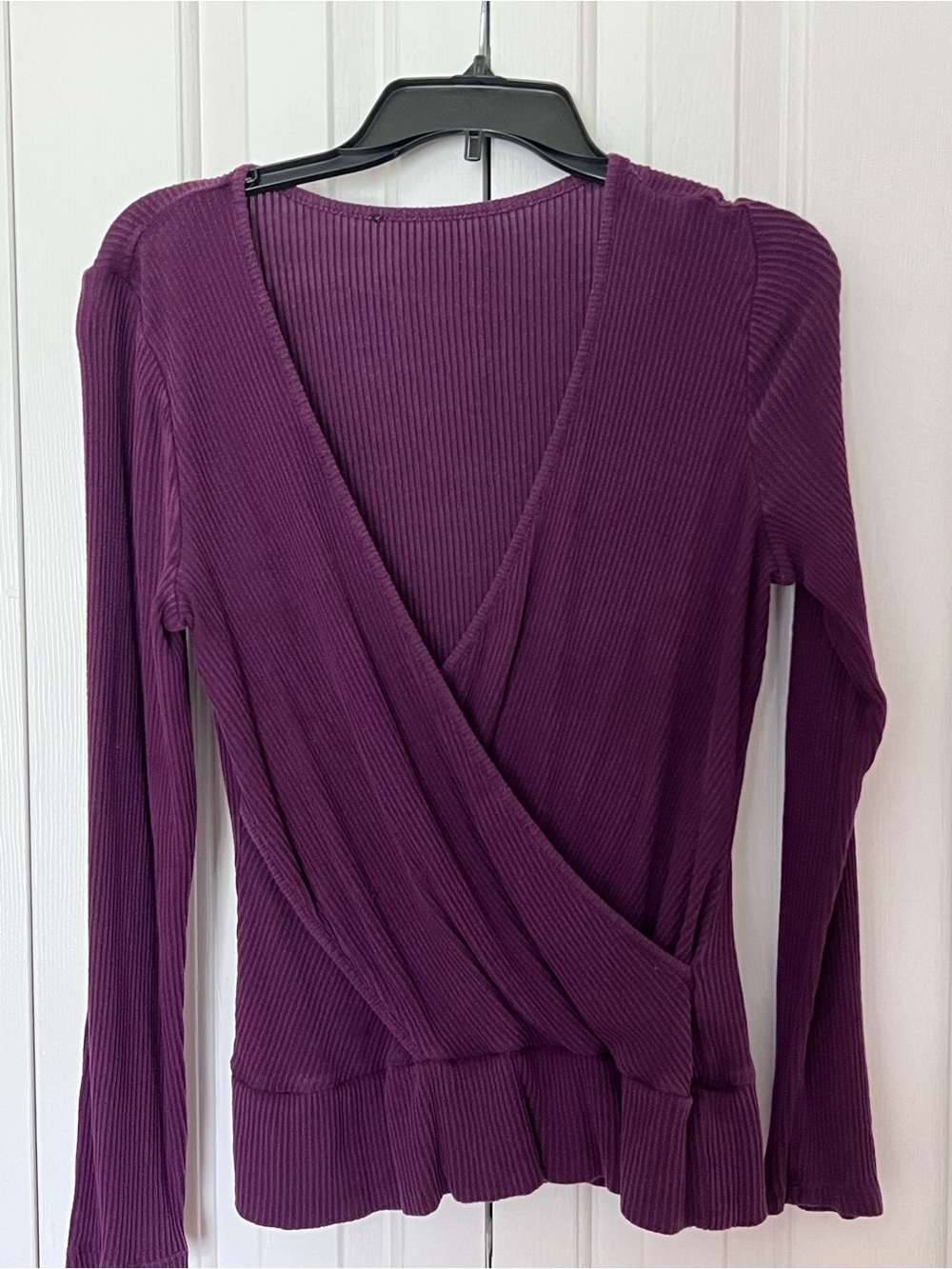 White House Black Market Purple Ribbed Wrap Long-Sleeve Top